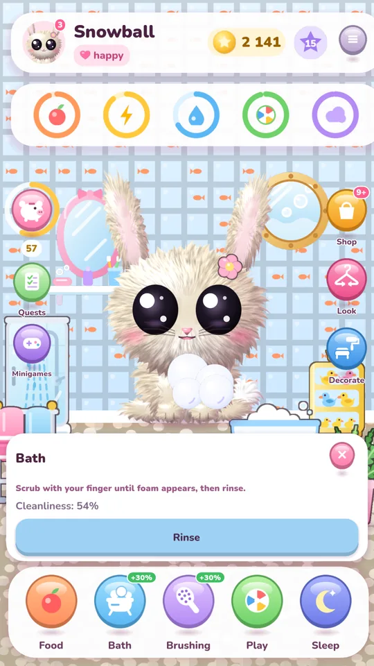 A bunny in the bath, covered in foam