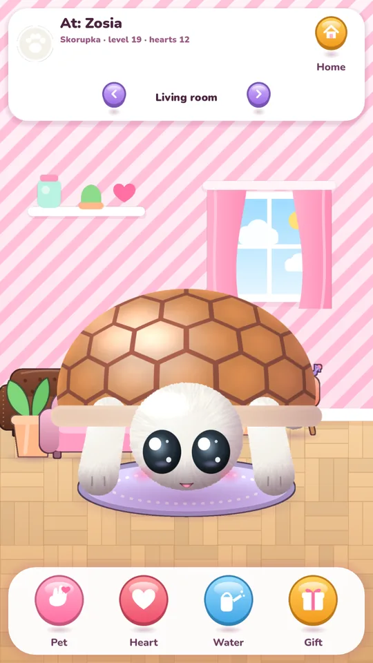 Visiting a friend’s turtle, with the Pet, Heart, Water and Gift buttons